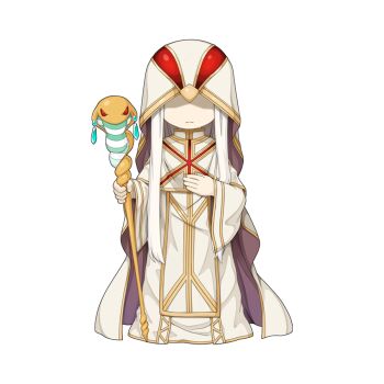 1girl chibi chibi_only cloak closed_mouth covered_eyes expressionless full_body holding holding_staff long_hair long_sleeves official_art ragnarok_online robe simple_background solo staff transparent_background white_cloak white_hair white_robe wide_sleeves yortus_baliff yuichirou