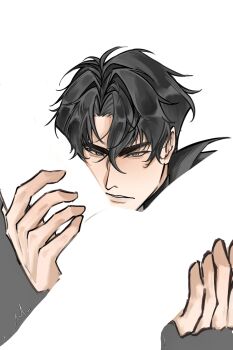 Rule 34 | 1boy, 1girl, black eyes, black hair, commentary, curtained hair, female pov, half-closed eyes, hand on another's leg, highres, large hands, looking at viewer, meme, motion lines, negative space oral (meme), omniscient reader's viewpoint, parted lips, pov, short hair, untranslatable commentary, upper body, yoo joonghyuk, yuyuuuu owo