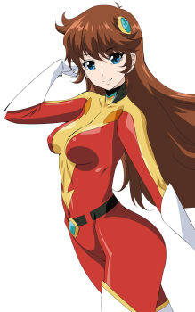 1girl aoi_nagisa_(metalder) blue_eyes bodysuit breasts brown_hair closed_mouth covered_navel curvy elbow_gloves gloves highres large_breasts looking_at_viewer maria_grace_fleed mazinger_(series) red_bodysuit shiny_clothes simple_background smile solo ufo_robo_grendizer white_background white_gloves wide_hips