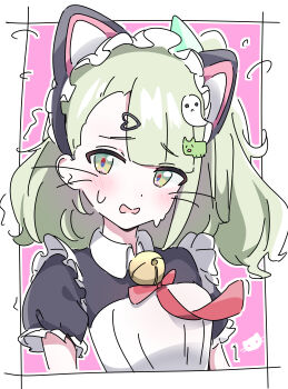 1girl absurdres animal_ear_hairband animal_ears bell black_dress blush border cat_ear_hairband cat_ears commentary_request drawn_whiskers dress fake_animal_ears frilled_sleeves frills green_eyes green_hair hair_ornament hairband heart heart_hair_ornament highres hutsugyou looking_at_viewer maid maid_headdress motion_lines neck_bell necktie official_alternate_costume open_mouth pink_background ponytail portrait red_necktie solo sunna_(afternoon_tea_break)_(zenless_zone_zero) sunna_(zenless_zone_zero) sweat white_border zenless_zone_zero