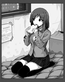 1girl blazer border box cardboard_box collared_shirt eating food food_bite full_body greyscale hamsterfragment hands_up holding holding_food holding_sandwich indoors jacket jaggy_lines lapels long_sleeves lowres mattress medium_hair miniskirt monochrome neck_ribbon no_nose no_shoes notched_lapels open_mouth original over-kneehighs paper pleated_skirt ribbon sandwich school_uniform seiza shirt sitting skirt solo shinohata_sachie_(hamsterfragment) thighhighs window zettai_ryouiki