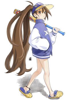1girl baseball_bat blush brown_eyes brown_hair crocs disgaea disgaea_rpg full_body hat highres holding holding_baseball_bat jacket kazamatsuri_fuuka kazamatsuri_fuuka_(beach) long_hair looking_at_viewer ponytail solo very_long_hair visor_cap yamada_satou_(sa10yamada)