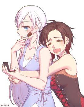 2girls =_= applying_makeup armpit_crease artist_name bare_shoulders black_corset black_hair blue_dress blue_eyes breasts cleavage closed_eyes collarbone corset dress drooling gradient_hair hair_down highres holding holding_brush hug hug_from_behind kio_rojine long_hair makeup_brush medium_breasts multicolored_hair multiple_girls open_mouth parted_lips raised_eyebrows red_hair ruby_rose rwby saliva scar scar_across_eye scar_on_face short_hair simple_background very_long_hair wavy_mouth weiss_schnee white_background white_hair yuri