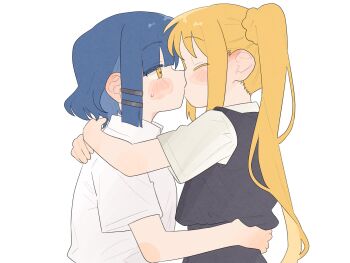2girls arms_around_neck black_vest blonde_hair blue_hair blush bocchi_the_rock! closed_eyes collared_shirt commentary hand_on_another's_waist highres ijichi_nijika kiss long_hair multiple_girls ofo_j1 shirt short_hair side_ponytail simple_background vest white_background white_shirt yamada_ryo yellow_eyes yuri