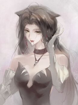 1girl absurdres adjusting_hair angell_(path_to_nowhere) animal_ears bare_shoulders black_choker black_dress breasts cat_ears cat_girl choker cleavage dress elbow_gloves gloves grey_dress grey_gloves hair_tie_in_mouth hands_up highres kemonomimi_mode long_hair looking_at_viewer luori_dianxin medium_breasts mouth_hold path_to_nowhere red_lips solo strapless strapless_dress upper_body very_long_hair yellow_eyes