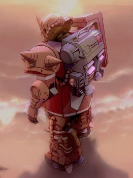 backpack bag beach full_body gundam mecha mecha_focus mobile_suit_gundam moroboshi_danshaku no_humans ocean robot shore sunset water waves zaku_ii_s_char_custom zeon