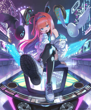 1girl blue_eyes character_request copyright_request egg fang floating flying highres necktie ponzu_(catponz) red_hair science_fiction shoes sitting solo speaker translation_request
