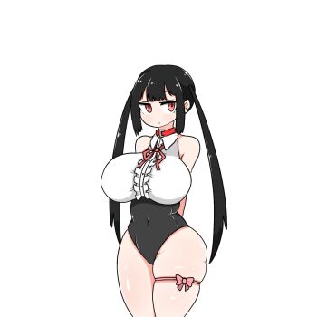 1girl arms_behind_back belt belt_collar black_hair black_leotard bow breasts closed_mouth collar collared_shirt commentary_request covered_navel cowboy_shot expressionless highres huge_breasts jitome leotard long_hair long_sidelocks looking_at_viewer madoro mamiya_hina original pink_bow pink_ribbon red_belt red_eyes ribbon shirt sidelocks simple_background sleeveless sleeveless_shirt solo standing thigh_bow tsurime twintails white_background white_shirt