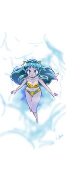 1girl arms_out bikini boots breasts cleavage cloud cloud_background cloudy_sky commentary_request cone_horns flying green_hair highres horns long_hair looking_at_viewer lum medium_breasts orange_eyes sky smile striped_bikini striped_clothes striped_footwear swimsuit tiger_stripes urusei_yatsura wanta_(futoshi) yellow_bikini yellow_boots