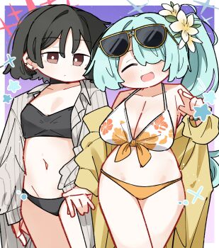 2girls :d ^_^ absurdres bare_shoulders bikini bikini_under_clothes black_bikini black_hair blue_archive blue_hair blush border breasts brown-framed_eyewear brown_bikini brown_eyes brown_jacket cleavage closed_eyes collarbone commentary_request dash_b eyewear_on_head facing_viewer floral_print flower grey_jacket groin hair_flower hair_ornament halo highres hiyori_(blue_archive) hiyori_(swimsuit)_(blue_archive) holding_another&#039;s_wrist jacket large_breasts long_hair long_sleeves misaki_(blue_archive) misaki_(swimsuit)_(blue_archive) multiple_girls navel off_shoulder open_clothes open_jacket open_mouth pinstripe_jacket pinstripe_pattern print_bikini puffy_long_sleeves puffy_sleeves purple_background side_ponytail sleeves_past_wrists small_breasts smile star_(symbol) sunglasses swimsuit very_long_hair white_bikini white_border white_flower