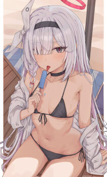 1girl absurdres bare_shoulders beach bikini black_bikini black_hairband blue_archive bow_hairband braid breasts choker colored_inner_hair food grey_eyes hair_over_one_eye hairband halo highres long_hair looking_at_viewer mimma_ring_(nobuyueli) multicolored_hair navel off_shoulder open_mouth pink_hair plana_(blue_archive) popsicle shirt side_braid small_breasts solo swimsuit tongue tongue_out very_long_hair white_hair white_shirt