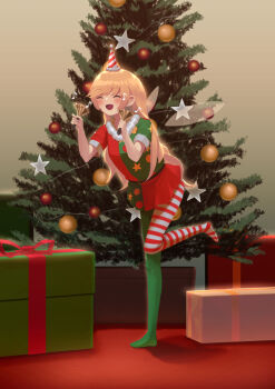 alternate_costume asymmetrical_legwear bell belt black_belt christmas_tree closed_eyes clownpiece commentary fairy_wings gift green_shirt green_skirt happy highres holding holding_bell indoors kiyonetto leg_up long_hair mismatched_legwear musical_note open_mouth red_shirt red_skirt shirt short_sleeves skirt solo standing standing_on_one_leg star_(symbol) striped_clothes striped_leggings symbol-only_commentary touhou two-tone_shirt two-tone_skirt wings