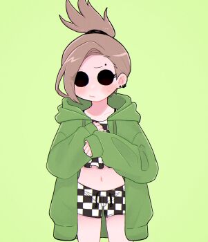 1girl alternate_costume blush borrowed_clothes brown_hair checkered_clothes checkered_shorts commentary cowboy_shot eddsworld eyebrow_piercing face_piercing green_background green_hoodie highres hollow_eyes hood hood_down hoodie long_sleeves looking_at_viewer mau_(edd_tom) midriff navel open_clothes open_hoodie piercing short_hair shorts simple_background solo standing tamara_(eddsworld) topknot