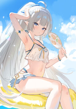 1girl adelie_cat ahoge arm_up armpits bikini blue_eyes breasts female_tyrant_(stella_sora) hand_fan hashtag-only_commentary highres holding long_hair looking_at_viewer navel pointy_ears sitting sketch solo stella_sora swimsuit tyrant_(stella_sora)