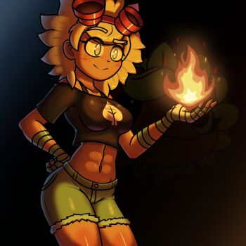 1girl abs bandaged_arm bandaged_hand bandages bare_shoulders black_background black_shirt blonde_hair blue_shorts blush borrowed_character bra_strap breasts bruhmynameisdylan closed_mouth commentary cowboy_shot creature_and_personification cropped_shirt cutoffs dark dark-skinned_female dark_skin denim denim_shorts dual_persona english_commentary fire flower freckles goggles goggles_on_head hand_on_own_hip hand_up highres leaf_print looking_at_fire medium_breasts mixed-language_commentary muscular muscular_female navel off-shoulder_shirt off_shoulder original personification print_shirt pyrokinesis raised_eyebrow red_goggles shiny_skin shirt short_hair shorts smile solar_flare_(plants_vs._zombies) solar_flare_(plants_vs._zombies)_(peargor) solo spanish_commentary spiked_hair sunflower t-shirt yellow_eyes