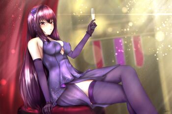 1girl absurdres bare_shoulders breasts cleavage commentary_request cup dress drinking_glass elbow_gloves fate/grand_order fate_(series) flower gloves hair_between_eyes hair_flower hair_ornament highres large_breasts long_hair looking_at_viewer otakuotaco purple_dress purple_gloves purple_hair purple_thighhighs red_eyes scathach_(fate) scathach_(formal_dress)_(fate) sitting solo thighhighs thighs tiara