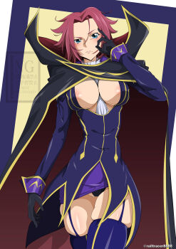 1girl absurdres areola_slip artist_name black_gloves blue_eyes breasts cape code_geass cosplay cuffs female_focus garter_straps gloves highres kouzuki_kallen large_breasts lelouch_vi_britannia_(cosplay) looking_at_viewer medium_hair parted_bangs railtracer8888 red_hair skindentation skirt thighs watermark wrist_cuffs