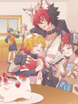 animal_ears apron belle_(zenless_zone_zero) birthday_cake black_choker black_gloves blue_hair cake choker commentary_request dog_boy dog_ears fingerless_gloves food fruit gloves highres hydrangea_salty jewelry kitchen komano_manato multicolored_hair muscular muscular_male necklace red_hair round_table shirt smile strawberry table white_shirt wise_(zenless_zone_zero) yellow_apron