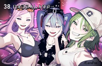 3girls baseball_cap bikini black_bikini black_hairband blue_eyes blue_hair blue_nails bow_hairband breasts cleavage commentary_request earrings eyewear_on_head green_eyes green_hair grin gumi hairband hand_on_own_cheek hand_on_own_face hat hatsune_miku hi-fi_raver_(vocaloid) highres jewelry large_breasts long_hair medium_breasts megurine_luka multiple_girls necklace open_mouth pink_hair purple_eyes raver revision selfie shirt smile soyaka star_(symbol) star_necklace striped_clothes striped_shirt sunglasses swimsuit tank_top twintails underboob vocaloid white_hat white_tank_top