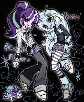 Rule 34 | 2girls, :d, aqua hair, baggy pants, belt, black background, black belt, black jacket, black shirt, blue hair, blue nails, blue skin, bracelet, breasts, character name, colored skin, commentary request, curly hair, denim, denim skirt, dot nose, finger to own chin, full body, grey pants, grey skirt, hair ornament, halftone, hand on own hip, hand up, head tilt, high ponytail, highres, hood, hood down, hooded jacket, horns, jacket, jewelry, korean commentary, leggings, long hair, long sleeves, miniskirt, multicolored hair, multiple girls, my little pony, my little pony: equestria girls, my little pony: friendship is magic, nail polish, necktie, o-ring, o-ring belt, open mouth, outline, pants, partially unzipped, plaid clothes, plaid skirt, pleated skirt, polka dot necktie, ponytail, purple eyes, purple hair, purple leggings, purple nails, purple necktie, shirt, shoes, short-sleeved jacket, short sleeves, simple background, single horn, skirt, sleeves past wrists, small breasts, smile, sneakers, standing, standing on one leg, star (symbol), star hair ornament, star print, star symbol background, starlight glimmer, starlight glimmer (equestria girls), streaked hair, striped leggings, studded belt, studded bracelet, tgyten, tongue, track jacket, trixie lulamoon, trixie lulamoon (equestria girls), tsurime, turtleneck, turtleneck jacket, two-tone hair, two-tone leggings, two-tone necktie, unicorn, unicorn girl, unicorn horn, very long hair, white belt, white hair, white jacket, white leggings, white necktie, white outline, white shoes