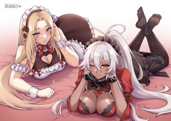2girls alpha_(kage_no_jitsuryokusha_ni_naritakute!) bare_shoulders black_dress black_gloves black_pantyhose blonde_hair blush breasts cleavage dress elf gloves grey_hair kage_no_jitsuryokusha_ni_naritakute! lambda_(kage_no_jitsuryokusha_ni_naritakute!) large_breasts long_hair looking_at_viewer maid maid_day maid_headdress mibry_(phrysm) multiple_girls one_eye_closed pantyhose pointy_ears ponytail smile wrist_cuffs