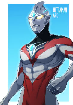 Rule 34 | 1boy, abs, absurdres, alien, black skin, blue background, blue gem, border, character name, clenched hand, collarbone, color timer, colored skin, commentary, dorsal fin, english text, forehead jewel, gem, giant, giant male, glowing, glowing eyes, gradient background, highres, large pectorals, looking up, male focus, muscular, muscular male, nkeo, no pupils, outside border, pectorals, red skin, ribs, silver skin, solo, standing, tokusatsu, ultra series, ultraman arc, ultraman arc (series), upper body, white border, yellow eyes