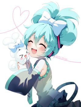 1girl :3 :d ^_^ bare_shoulders black_skirt black_sleeves blue_bow blue_hair blue_necktie blush bow cinnamiku cinnamoroll closed_eyes collared_shirt commentary detached_sleeves fuwa_fuwa_cinnamoroll grey_shirt hair_bow hatsune_miku heart highres holding long_sleeves necktie number_tattoo open_mouth pleated_skirt sanrio shirt short_hair shoulder_tattoo simple_background skirt sleeveless sleeveless_shirt smile solo tattoo tie_clip twintails twitter_username updo upper_body vocaloid white_background yukimichi_(nieko)