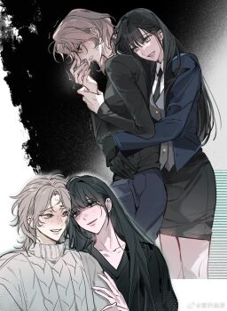 2girls absurdres aged_down black_gloves black_hair black_necktie black_shirt black_skirt blue_jacket blue_pants collared_shirt commentary gloves green_eyes grey_hair grey_sweater grey_vest hashtag-only_commentary highres holding_another&#039;s_wrist hug hug_from_behind jacket knit_sweater like_mother_like_daughter long_hair long_sleeves m_omoo medium_hair multiple_girls multiple_views necktie nervous_sweating open_clothes open_jacket pants ryu_sol scared shirt skirt somyung&#039;s_mother_(like_mother_like_daughter) sweat sweater trembling vest white_shirt yuri