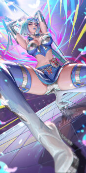 Rule 34 | 1girl, arm behind head, arm up, armpits, blue eyes, blue lips, boots, breasts, closed mouth, commentary, disco, english commentary, eyewear on head, grey hair, half-closed eyes, high heel boots, high heels, highres, large breasts, liang xing, marvel, marvel rivals, multicolored hair, navel, on one knee, parted lips, pink hair, psylocke, psylocke (psychedelic pulse), short hair, signature, solo, stomach, streaked hair, sword, thigh boots, weapon, x-men