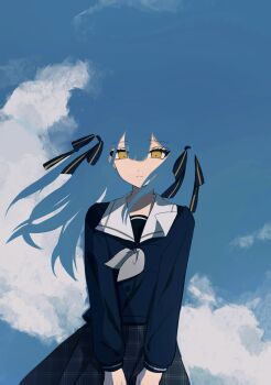 Rule 34 | 1girl, absurdres, bang dream!, bang dream! it's mygo!!!!!, blending, blue bow, blue hair, blue serafuku, blue shirt, blue skirt, blue sky, bow, closed mouth, cloud, complex ion, floating hair, grey neckerchief, hair bow, highres, light smile, long hair, long sleeves, looking at viewer, neckerchief, plaid clothes, plaid skirt, sailor collar, school uniform, serafuku, shirt, skirt, sky, solo, straight-on, togawa sakiko, tsukinomori school uniform, two side up, upper body, white sailor collar, wind, yellow eyes