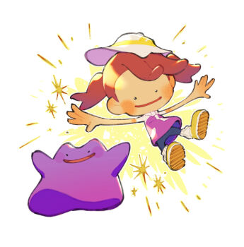 1girl black_eyes black_leggings blush brown_hair commentary_request ditto female_protagonist_(pokemon_pokopia) gen_1_pokemon happy hat inari1369 leggings nintendo open_mouth pokemon pokemon_(creature) pokemon_pokopia purple_shirt ribbed_socks shirt shoes short_hair short_sleeves smile socks white_hat white_socks yellow_shoes