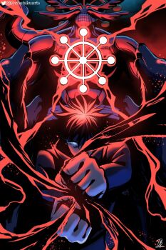 1boy blue_eyes cbotakuarts commission fighting_stance fushiguro_megumi glowing glowing_eye head_wings highres instagram_username jujutsu_kaisen mahoraga_(jujutsu_kaisen) monster school_uniform shikigami signature summoning twitter_username wheel_of_dharma wings