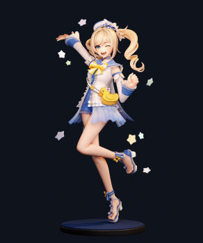 1girl 3d ;d absurdres animal_bag bag barbara_(genshin_impact) blonde_hair blue_eyes bow bowtie choker detached_sleeves genshin_impact hat highres leg_up long_hair official_alternate_costume one_eye_closed open_mouth pablo_dobarro ringlets romper sailor_collar sailor_hat sandals shoulder_bag smile solo star_(symbol) twintails