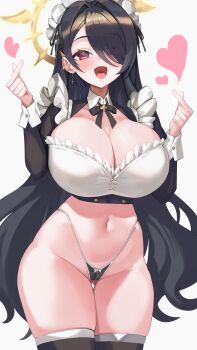 Rule 34 | 1girl, absurdres, bilingual commentary, black bow, black bowtie, black hair, black shirt, black thighhighs, blue archive, bow, bowtie, breasts, cleavage, cleavage cutout, clothing cutout, commentary, commentary request, commission, cowboy shot, crop top, cross, cross earrings, double finger heart, earrings, english commentary, eyes visible through hair, finger heart, gluteal fold, hair over one eye, halo, hands up, heart, highleg, highleg panties, highres, hinata (blue archive), huge breasts, jewelry, legs together, long hair, long sleeves, looking at viewer, maid, maid headdress, micro panties, mixed-language commentary, navel, no pants, open mouth, panties, pixiv commission, red eyes, shio05 (05 sio), shirt, smile, solo, standing, string panties, thigh gap, thighhighs, underwear, very long hair, winged halo, wrist cuffs, yellow halo