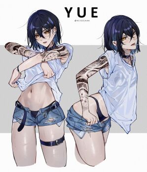 1girl absurdres arm_tattoo belt bikini bikini_under_clothes black_belt black_hair black_nails character_name cigarette denim denim_shorts highres keisea looking_at_viewer original parted_lips shirt short_hair shorts simple_background solo swimsuit tattoo thigh_strap twitter_username wet wet_clothes white_shirt yellow_eyes yue_(keisea)