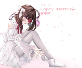 1girl absurdres bare_shoulders blush bow brown_hair character_name commentary_request detached_sleeves dress eyepatch falling_petals flower flower_eyepatch frilled_sleeves frills from_side full_body hair_between_eyes hair_bow happy_birthday heart heaven_burns_red highres hiiragi_kozue hitodama juliet_sleeves knees_up long_sleeves medium_hair mochinemono official_alternate_costume one_eye_covered pantyhose parted_lips petals puffy_sleeves purple_eyes red_flower red_rose rose shoes simple_background sitting sleeveless sleeveless_dress smile solo white_background white_bow white_dress white_pantyhose white_shoes white_theme wide_sleeves