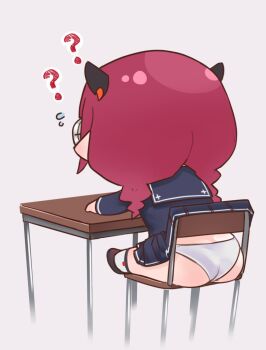 1girl ? ?? accidental_exposure arrivedcold artstyle_imitation ass braid chair clothes_lift glasses hololive hololive_english horns irys_(gaming_casual)_(hololive) irys_(hololive) panties school_uniform serafuku simple_background skirt skirt_lift solo solo_focus twin_braids underwear virtual_youtuber wardrobe_malfunction white_background white_panties