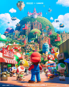 3d 6+boys backpack bag barrel biddybud brown_hair castle cheep_cheep clenched_hands cloud commentary copyright_name english_commentary floating_island flower from_behind gloves highres jellybeam key_visual logo mario mario_(series) mountain multiple_boys mushroom nintendo official_art open_mouth overalls princess_daisy princess_peach&#039;s_castle promotional_art red_headwear scenery sky smile spiny_cheep_cheep the_super_mario_bros._movie toad_(mario) urchin_(mario) walking water waterfall white_gloves yoshi