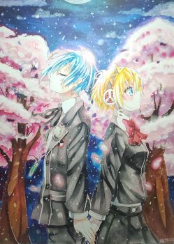 1boy 1girl absurdres aigis_(persona) black_dress black_jacket black_ribbon blonde_hair blue_hair blush cherry_blossoms closed_eyes dress earphones gekkoukan_high_school_uniform highres holding_hands jacket moon night night_sky persona persona_3 petals red_ribbon ribbon sky stars tree walkman yukiart_83 yuuki_makoto_(persona_3)
