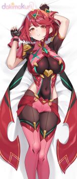 1girl arm_up blush bob_cut breasts chest_jewel core_crystal_(xenoblade) earrings fingerless_gloves floating_earrings gem gloves gluteal_fold hand_up impossible_clothes jewelry large_breasts matrix16 nintendo on_bed pantyhose pantyhose_under_shorts pyra_(xenoblade) red_eyes red_hair red_shorts red_thighhighs short_hair short_sleeves shorts solo super_smash_bros. suspender_shorts suspenders sweatdrop swept_bangs thighhighs thighhighs_over_pantyhose tiara xenoblade_chronicles_(series) xenoblade_chronicles_2