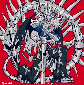 Rule 34 | 1other, androgynous, armor, black sclera, blue sweater, colored sclera, cropped sweater, dragon skull, facial mark, full body, gauntlets, headphones, hip tattoo, holding, holding sword, holding weapon, horns, kneeling, knight, long hair, messy hair, nass9696, original, planted, planted sword, planted weapon, red background, spiked armor, spiked hair, spikes, spine, spines, sweater, sword, tattoo, very long hair, weapon, white hair