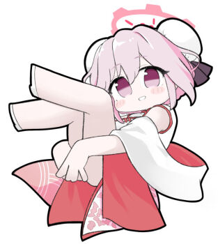 1girl blue_archive blush_stickers bun_cover chibi china_dress chinese_clothes double_bun dress full_body hair_bun halo hugging_own_legs looking_at_viewer miranofuudoria pink_hair purple_eyes shoes short_sleeves simple_background smile solo tomoe_(blue_archive) tomoe_(qipao)_(blue_archive) white_background white_dress white_shoes