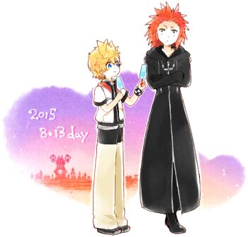 Rule 34 | 2boys, axel (kingdom hearts), black boots, black coat, black coat (kingdom hearts), black shoes, black vest, blonde hair, blue eyes, blush stickers, boots, brown pants, checkered clothes, checkered jacket, clock, clock tower, coat, commentary request, crossed arms, dated, facial mark, food, full-length zipper, full body, giving food, green eyes, holding, holding food, holding ice cream, hood, hood down, hooded coat, ice cream, jacket, kingdom hearts, kingdom hearts ii, long coat, long hair, long sleeves, looking down, male focus, multiple boys, outline, pants, red hair, roxas, shoes, short hair, short sleeves, spiked hair, standing, tower, twilight, vest, white jacket, white outline, yubon, zipper