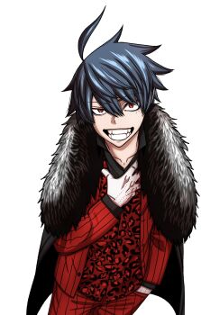 1boy ahoge animal_print black_cloak black_shirt blue_hair cloak collarbone collared_shirt cowboy_shot fang fur_cloak hair_between_eyes hand_on_own_chest hand_up highres ichinose_shiki_(tougen_anki) jacket leopard_print long_sleeves looking_at_viewer official_art open_mouth pants red_eyes red_jacket red_vest shirt short_hair simple_background smile solo spiked_hair standing teeth tougen_anki tsurime urushibara_yura vest white_background