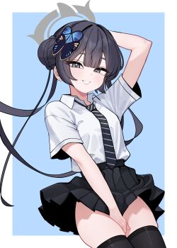 1girl absurdres arm_behind_head arm_up between_legs black_hair black_necktie black_skirt black_thighhighs blue_archive blush border butterfly_hair_ornament commentary diagonal-striped_clothes diagonal-striped_necktie hair_bun hair_ornament halo hand_between_own_legs highres kisaki_(blue_archive) kisaki_(school_uniform)_(blue_archive) looking_at_viewer necktie official_alternate_costume outside_border pleated_skirt school_uniform shirt shirt_tucked_in short_sleeves simple_background skirt smile solo striped_clothes striped_necktie tangsuyook thighhighs twintails white_border white_shirt