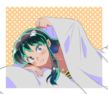 01angelegg 1girl black_hair blush border green_eyes green_hair grin highres long_hair looking_at_viewer lum multicolored_hair orange_background polka_dot polka_dot_background smile solo two-tone_hair under_covers urusei_yatsura white_border