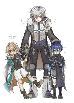 +++ 3boys :d absurdres aged_down aqua_coat arm_up armor black_boots black_capelet black_coat black_gloves black_shirt blonde_hair blue_eyes blue_hair blush boots capelet chest_harness child chinese_commentary chuilan81 closed_mouth coat commentary_request crossed_bangs earrings expressionless facial_scar flins_(genshin_impact) flying_sweatdrops fold-over_boots fur-trimmed_coat fur-trimmed_sleeves fur_trim gauntlets gem genshin_impact gloves gradient_hair grey_coat grey_hair grey_shorts hair_between_eyes hand_on_another's_head hands_up harness highres holding holding_gem holding_hands illuga_(genshin_impact) jewelry knee_boots lace-up_boots long_hair long_sleeves looking_down lower_teeth_only male_focus mole mole_under_eye multicolored_hair multiple_boys multiple_scars open_clothes open_coat open_mouth parted_bangs pauldrons purple_sash red_gem red_hair ribbed_sweater sash scar scar_on_arm scar_on_cheek scar_on_face scar_on_leg shirt short_hair short_shorts shorts shoulder_armor simple_background single_earring single_gauntlet smile standing sweatdrop sweater teeth turtleneck turtleneck_sweater two-tone_hair varka_(genshin_impact) very_long_hair vision_(genshin_impact) white_background white_shorts white_sweater yellow_eyes