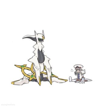 1boy 1other arceus arm_support artist_request emmet_(pokemon) empty_eyes english_text full_body gen_4_pokemon gloves hat horns legendary_pokemon looking_at_another mythical_pokemon necktie nintendo peaked_cap pokemon pokemon_(creature) pokemon_bw red_eyes sideburns simple_background sitting size_difference tired what white_background