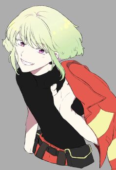 Rule 34 | 1boy, androgynous, bishounen, black shirt, commentary request, green hair, grin, highres, jacket, lio fotia, male focus, nmindes, pale skin, promare, purple eyes, red jacket, shirt, short hair, smile, solo, upper body
