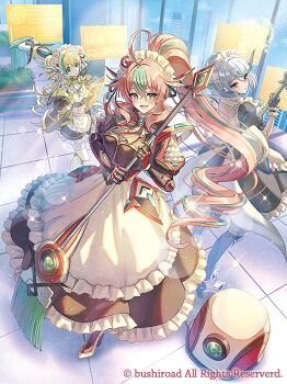 3girls ahoge black_dress black_gloves blue_hair cardfight!!_vanguard commentary_request copyright_notice dress drill_hair drill_ponytail frilled_dress frills gloves green_hair green_streaks holding holding_polearm holding_weapon long_hair looking_at_viewer madopen maid_headdress multicolored_hair multiple_girls official_art open_mouth pink_hair polearm shoes smile spear streaked_hair very_long_hair weapon white_shoes